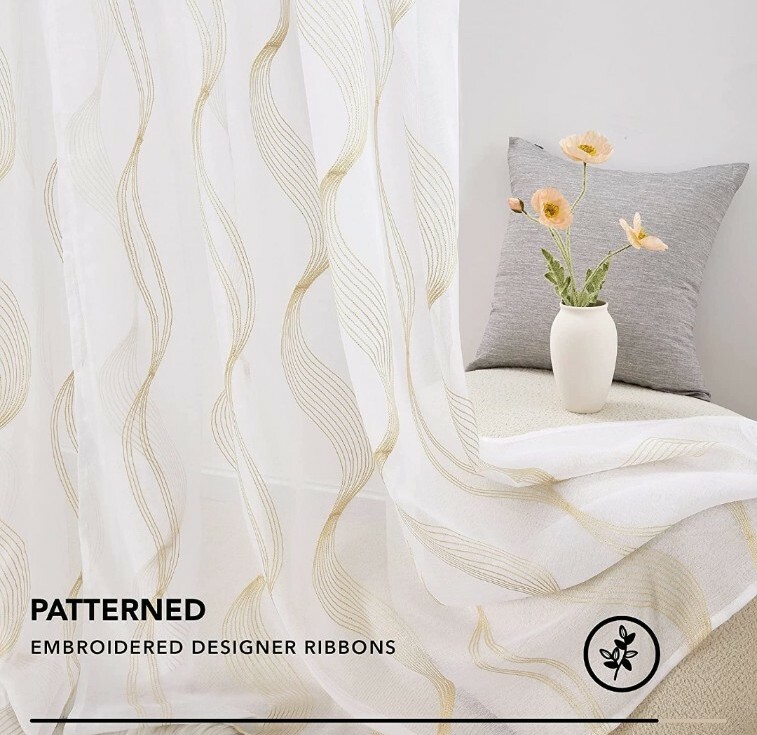 White Sheer Curtains, Beige Stripe, 2 Panels, 52×63″, Rod Pocket Stripe Pattern