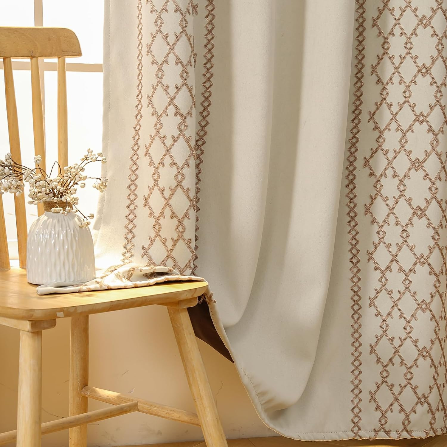 Beige Boho 100% Blackout Curtains 2 Panels Embroidered Grommet 52×84 Drapes