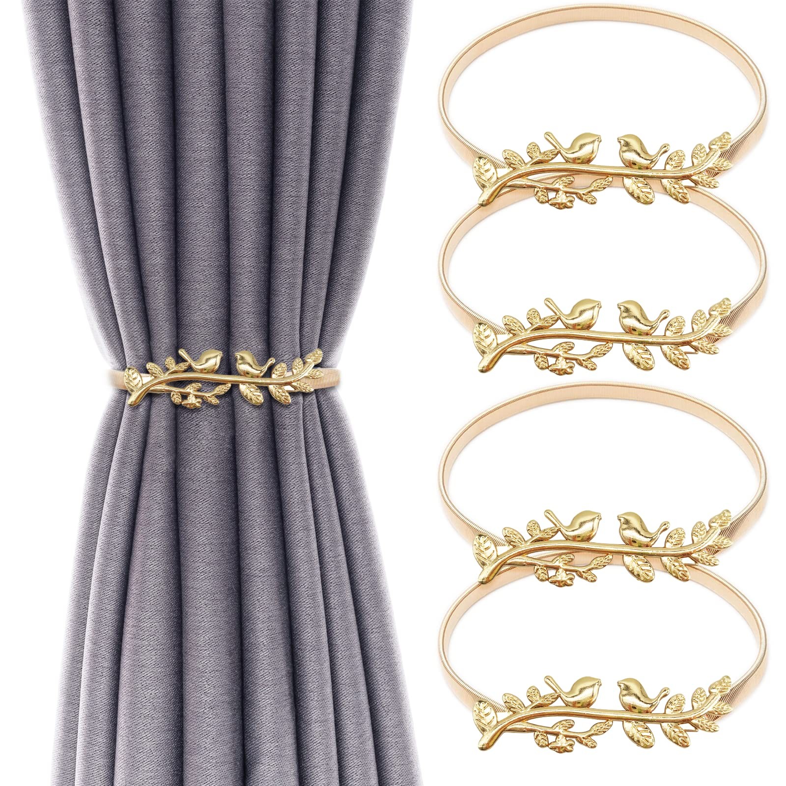 4Pack Aluminum Alloy Spring Design Curtain Tiebacks – Leaf Carving Gold Bird