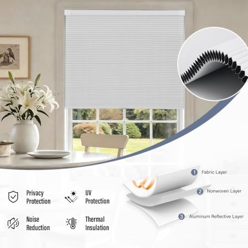 100% Blackout No Drill Cellular Shades Blinds for 22″W x 48″H Blackout-white