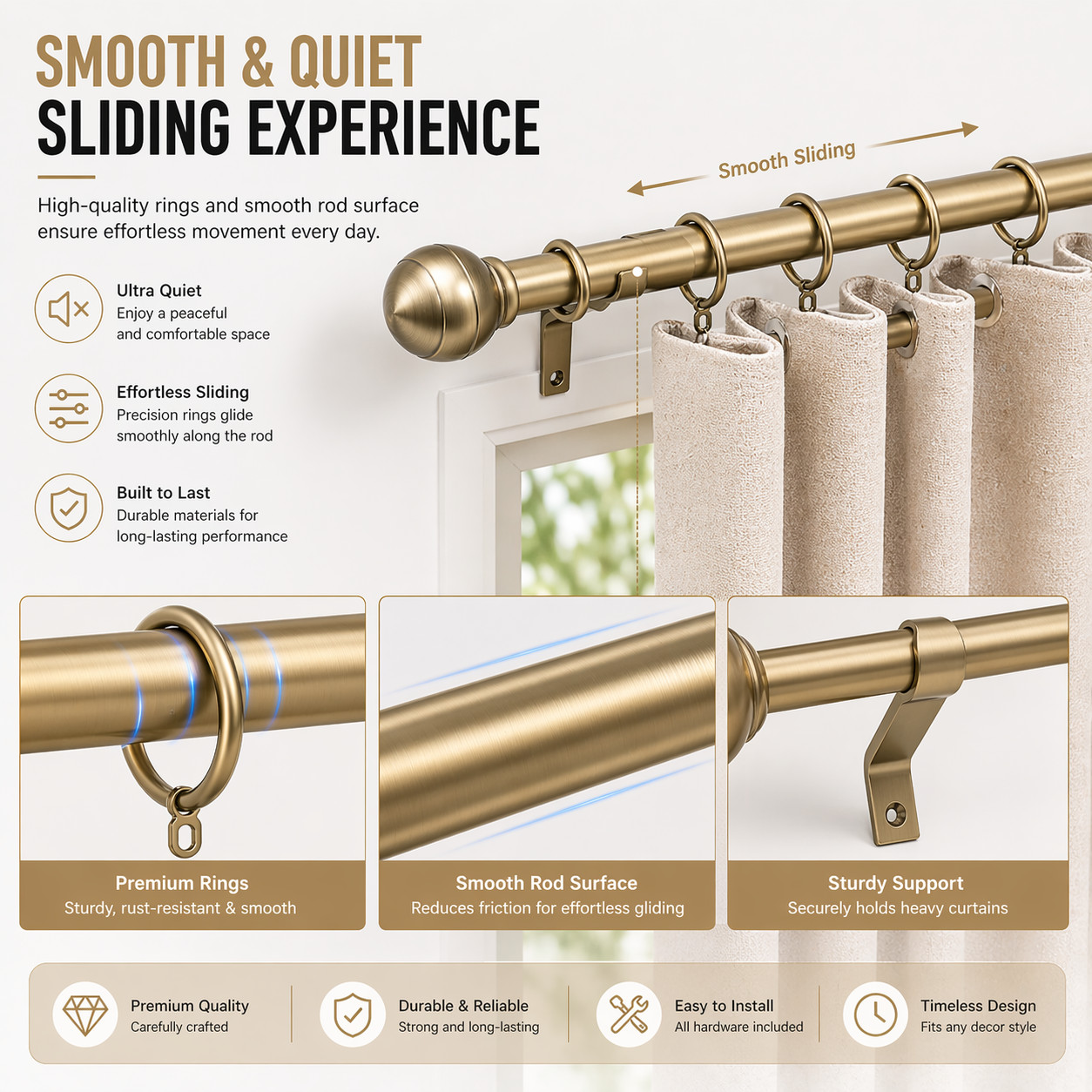 Custom Curtain Rod for Windows–Adjustable Decorative Drapery Rod–Factory Direct