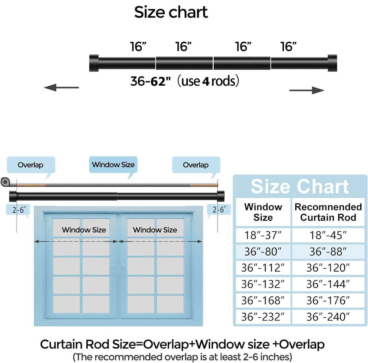 Curtain Rod for Window size from 48″ to 144″ wide Heavy Duty 1″ dia tubes black