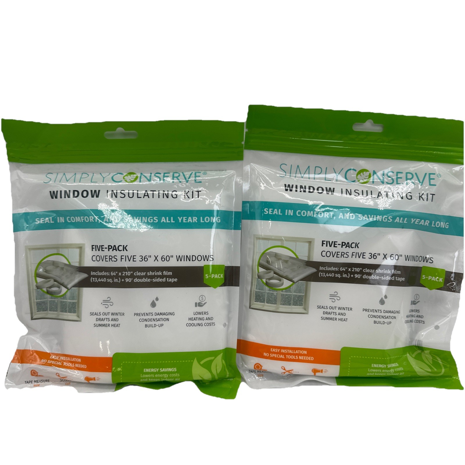 2 Packs Simply Conserve Insulating Window Film Kit Clear 5-Pack 36x60in Plastic