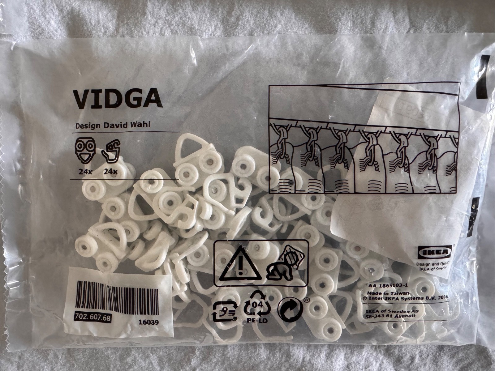 IKEA VIDGA Curtain Track Gliders with Hooks – White – NEW – Article #702.607.68