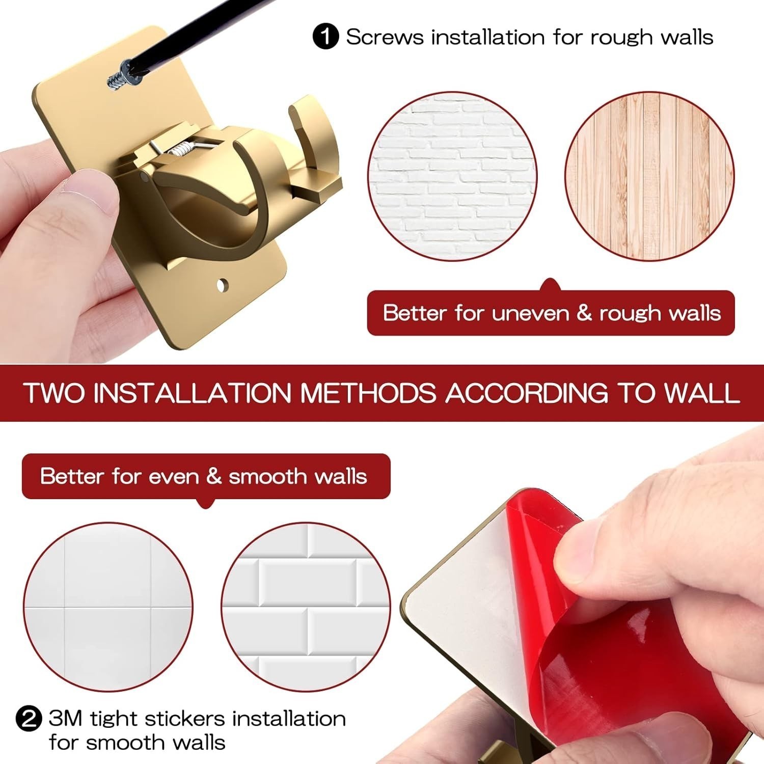 4PC No Drill Curtain Rod Brackets Gold Plastic Self-Adhesive & Screw Mount