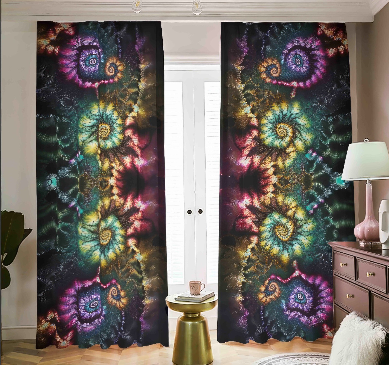 Psychedelic Tie Dye Blackout Curtains Black Out Rainbow Spiral Tied Dyed Neon
