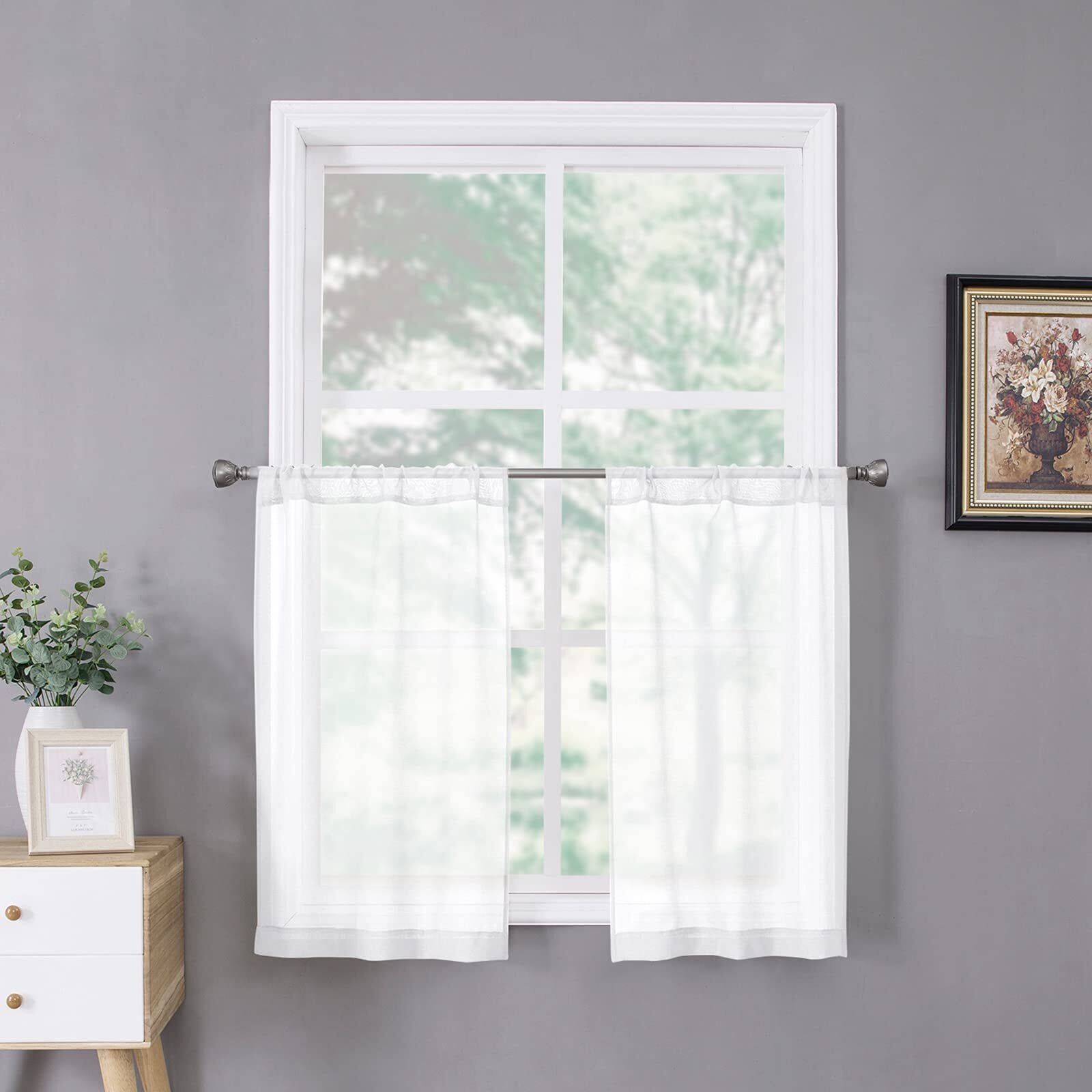 Short Sheer Tier Curtains Linen Textured Half Kitchen Curtain Sheers Light Filte