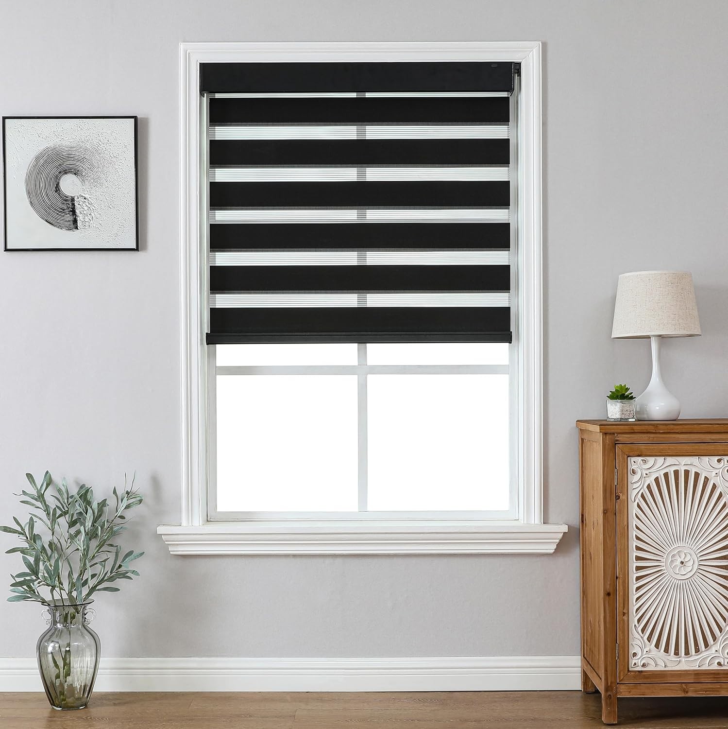 No Drill Zebra Blinds for Windows, Cordless Day & Night Dual Sheer Roller Shades