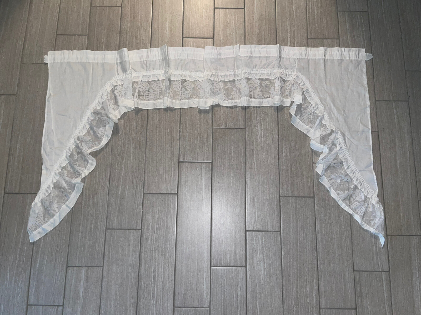 Vtg White Shabby Chic Lace Insert Swag Valance Curtain 2 Piece 34″ x 37″