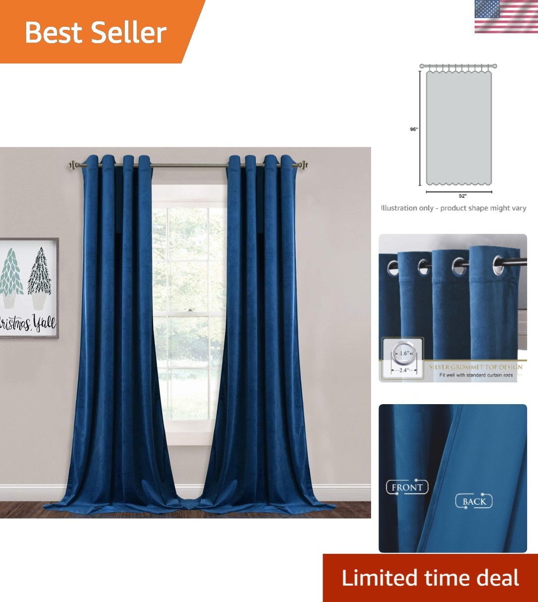 Royal Blue Velvet Curtains – Thermal Insulated Blackout Drapes, 2 Panels, 52×96