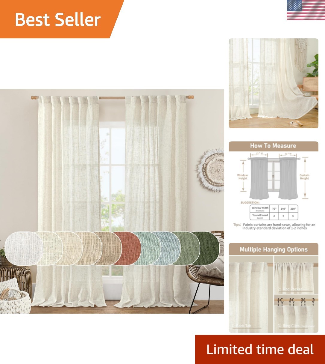 Natural Ivory Semi Sheer Linen Curtains 84 inch Long, Cream White Light Filte…