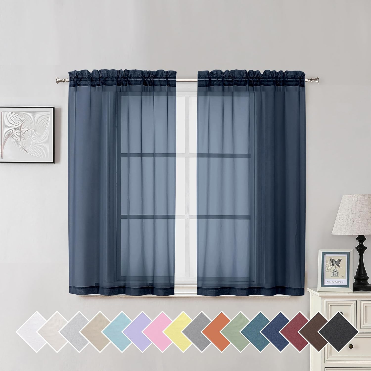 Navy Blue Sheer Curtains 45 Inch Length 2 Panels Set for Farmhouse