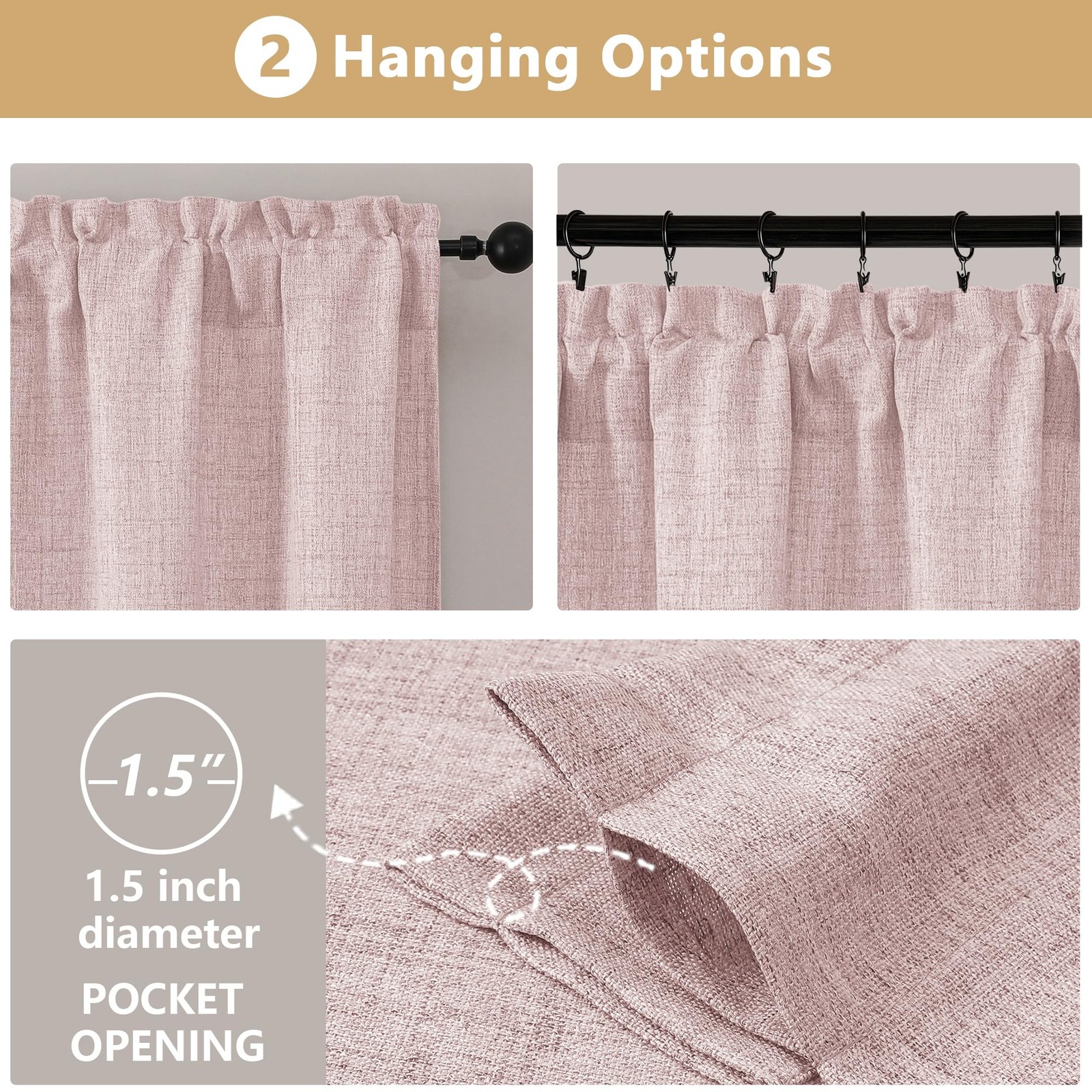 Blush Pink Cafe Curtains 36 Inch, Light Filtering Short Tier for Kitchen & Bath