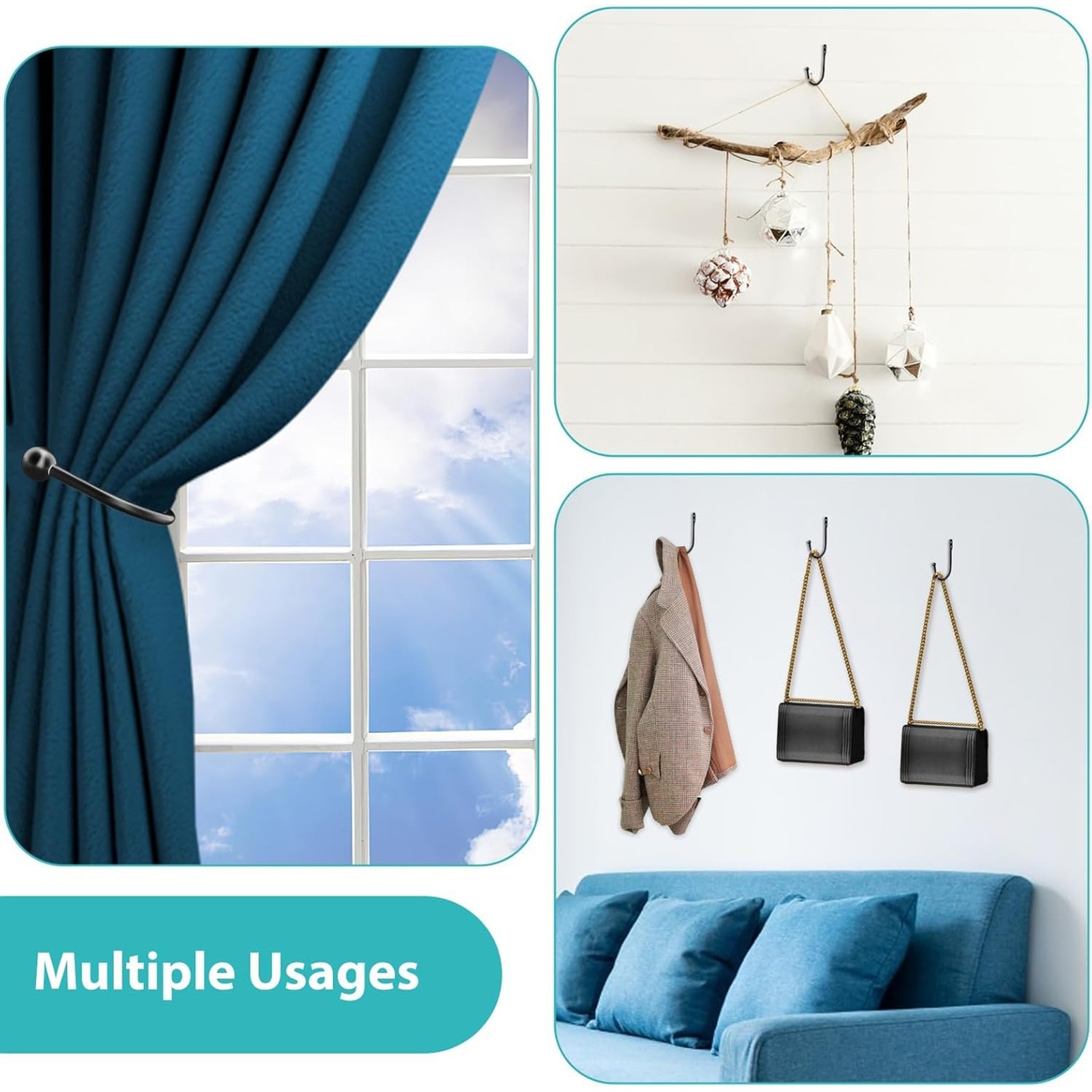 8 Pcs Curtain Tie Backs, Black, U Shaped Curtain Holdbacks Metal Wall Hooks | Wa