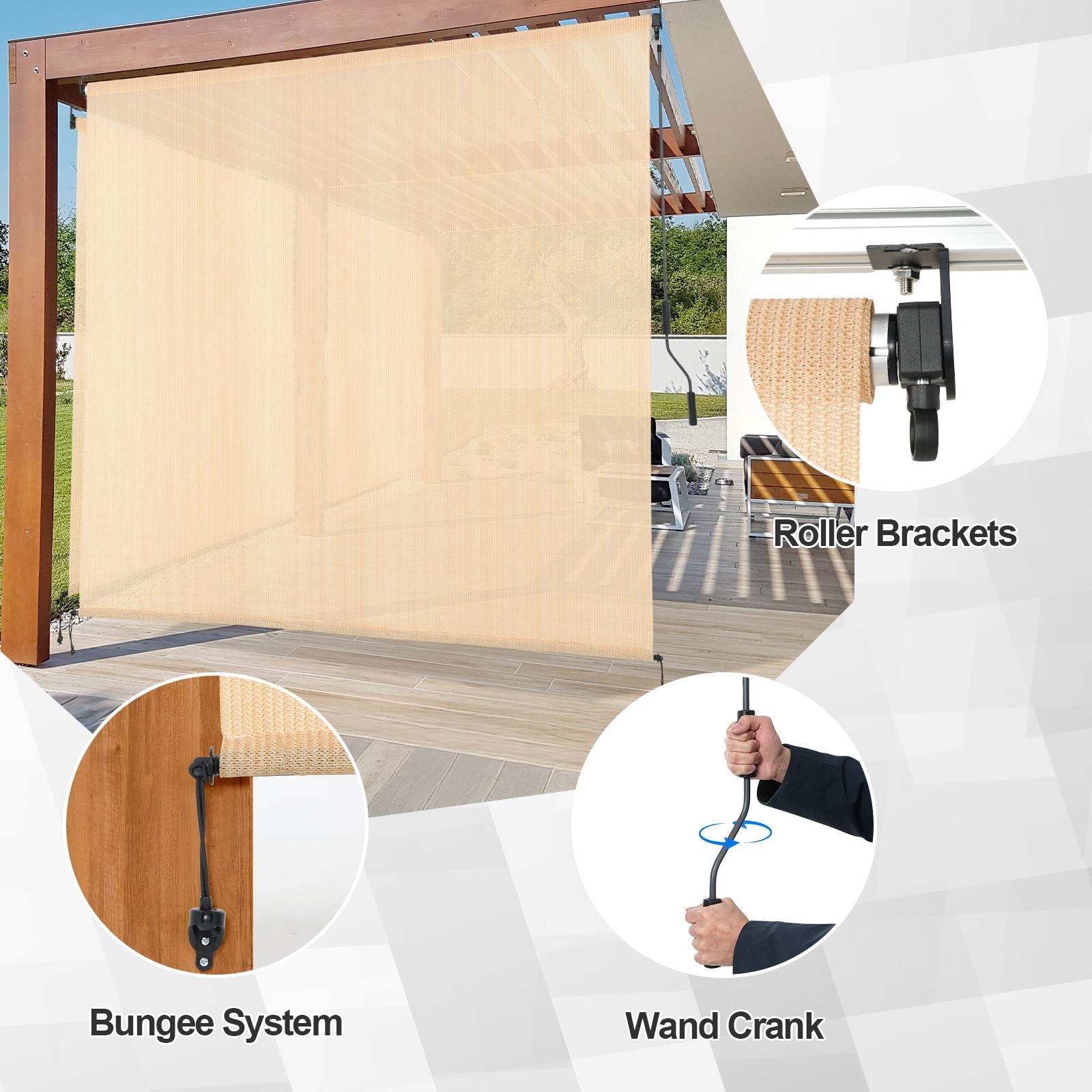 Patio Roller Shade HDPE Fabric Outdoor Cordless Roll Up Shade for Porch Beige