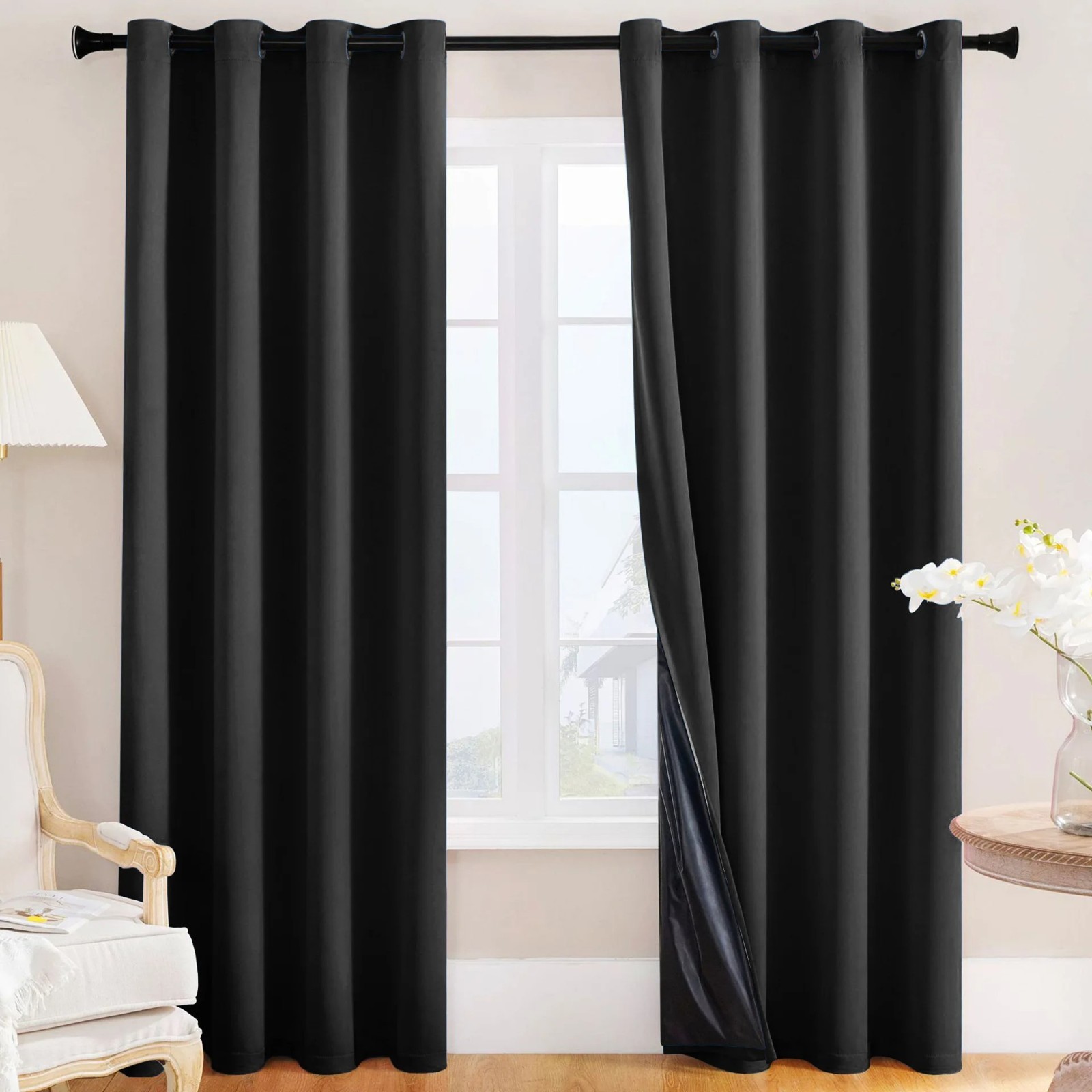 2-Piece Set – 100% Blackout Window Curtains – Black Back & Grommets – Free Ship