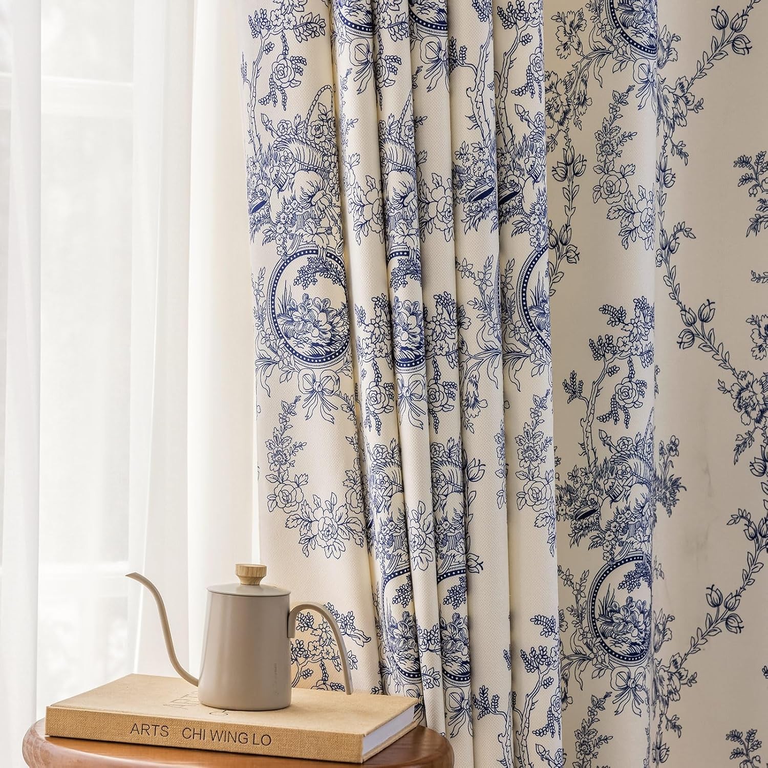 Blue and White Floral Chenille Curtains for Living Room Printed Vintage Flower