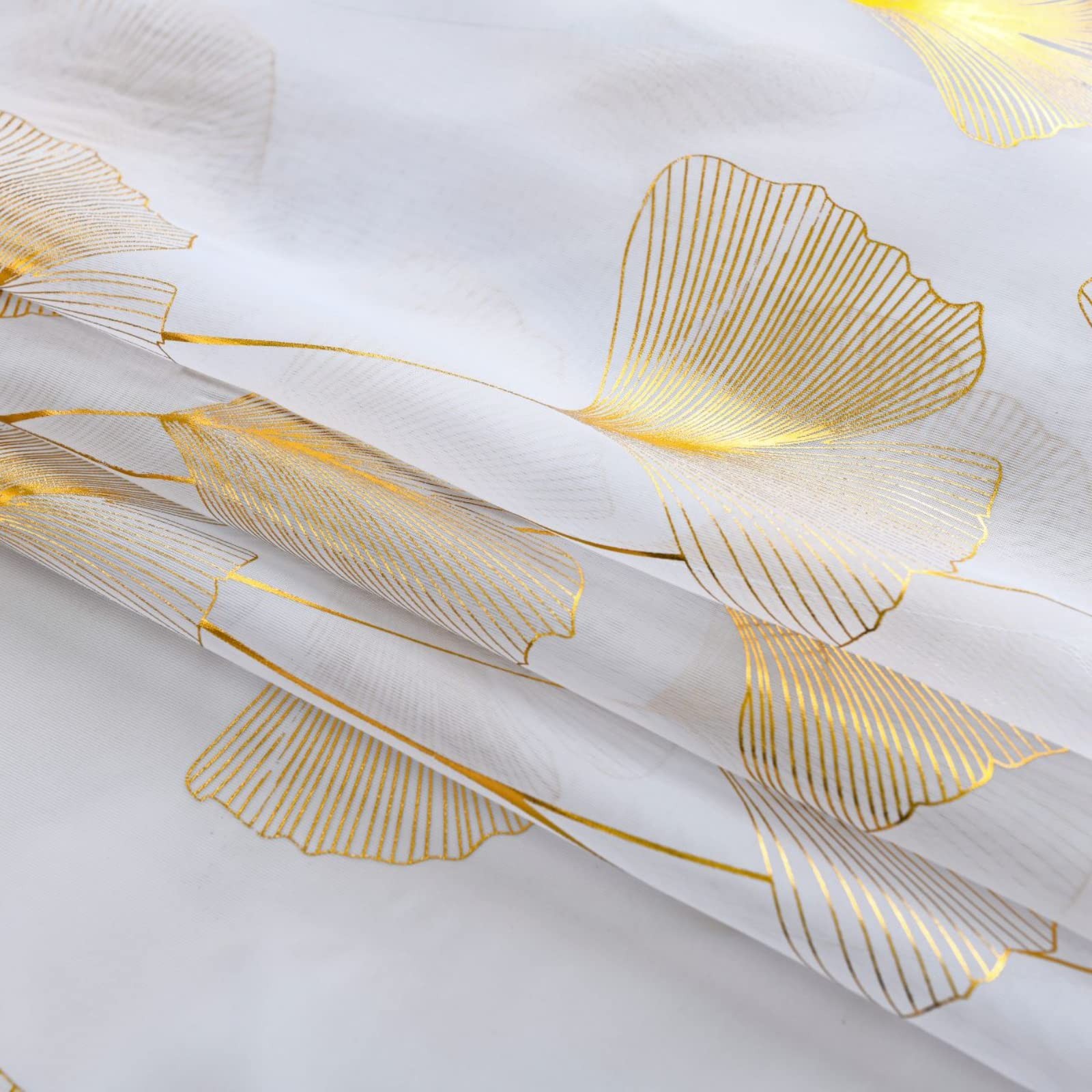 Gold Foil Print Voile Sheer Curtains, Leaves Grommet Top Window Drapes 84 Inc…