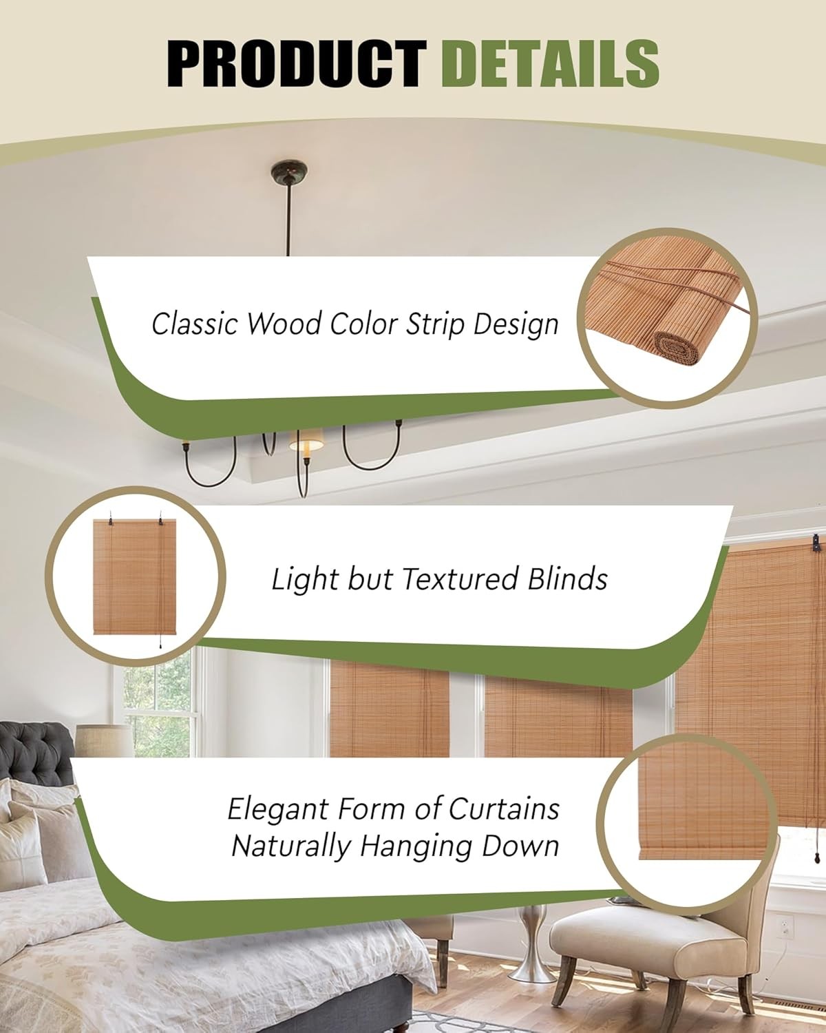 Retro Bamboo Blinds 72″ W x 72″ H Bamboo Roman Shades Light Filtering Roll Up