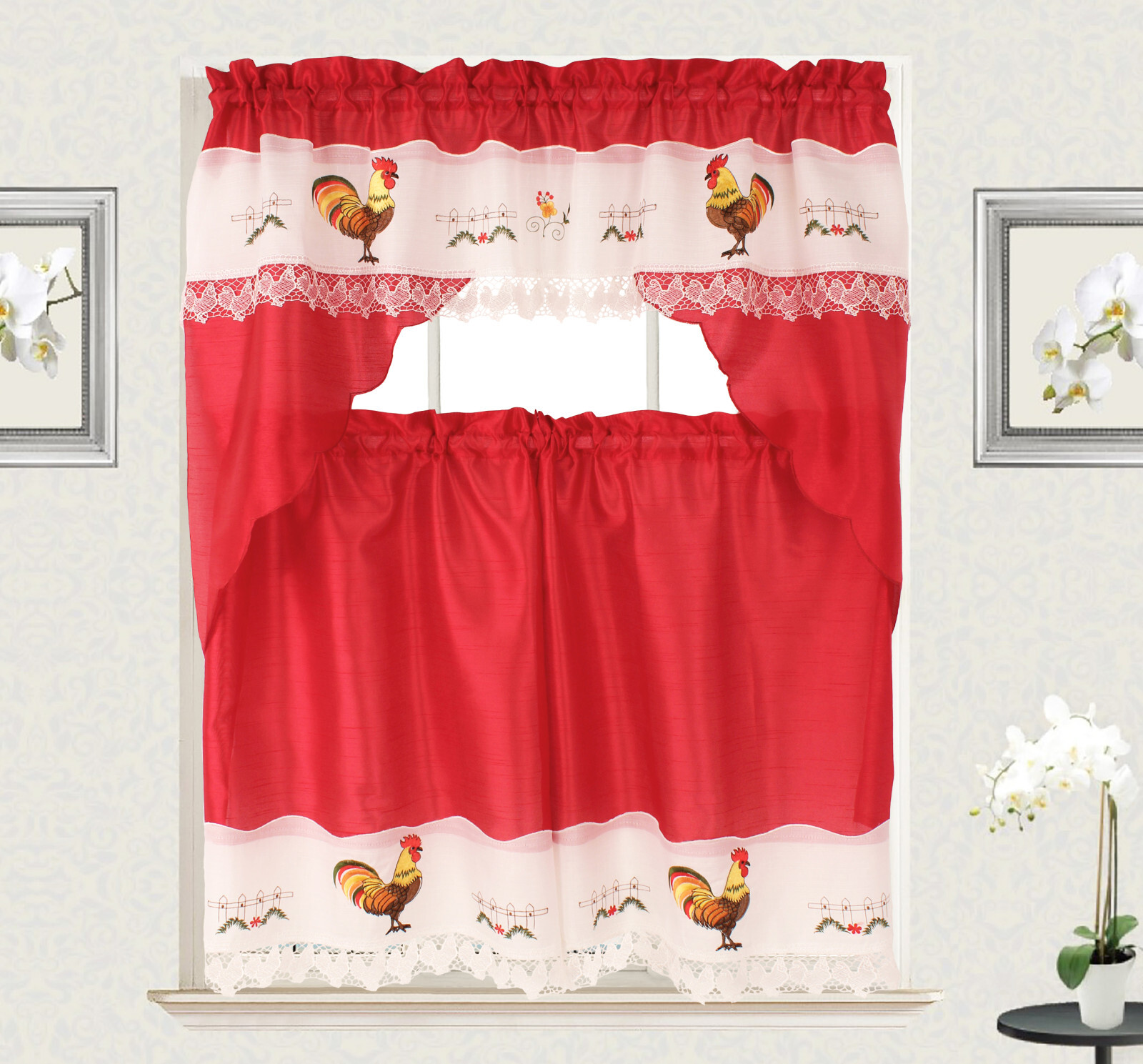 Rooster Macrame Embroidery Design Kitchen Curtain with Swag and Tier Set 36 inch