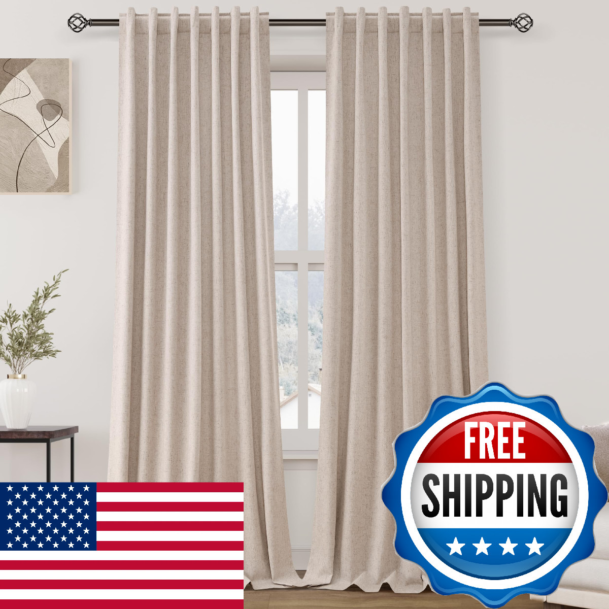 Nanspring Oatmeal 100 Linen Curtains For Bedroom 120 Inches Long Back Tab