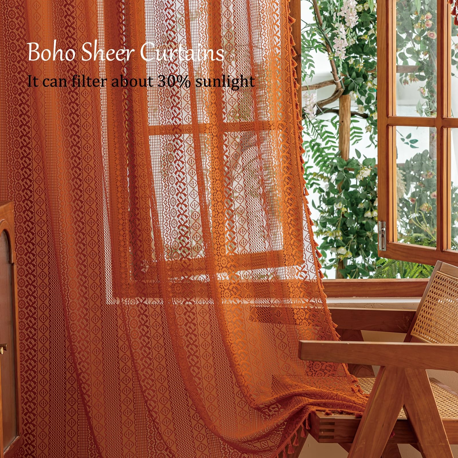 Terracotta Boho Lace Curtains 2 Panels 84 Inches Long for Living Room&Bedroom…