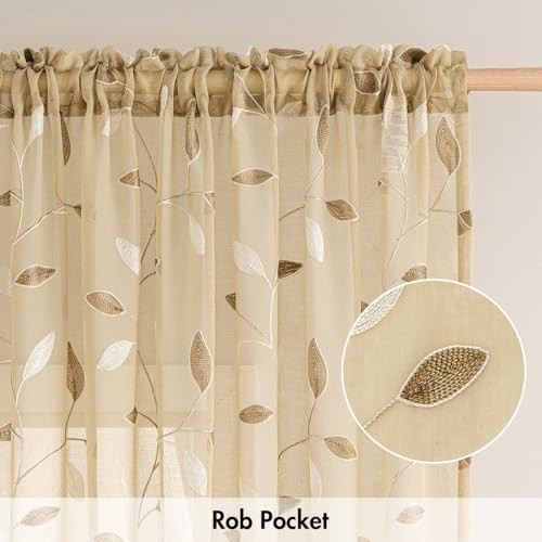 Sheer Curtains 2 Panels Embroidered Leaf 30″W x 36″L (Pack of 2) Beige