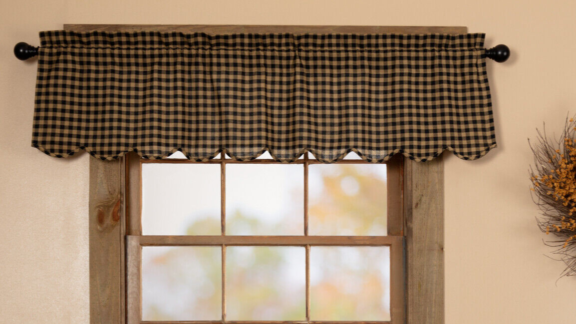 Rustic Country Primitive Black & Tan Check Scalloped Valance 16″X60″ VHC Brands