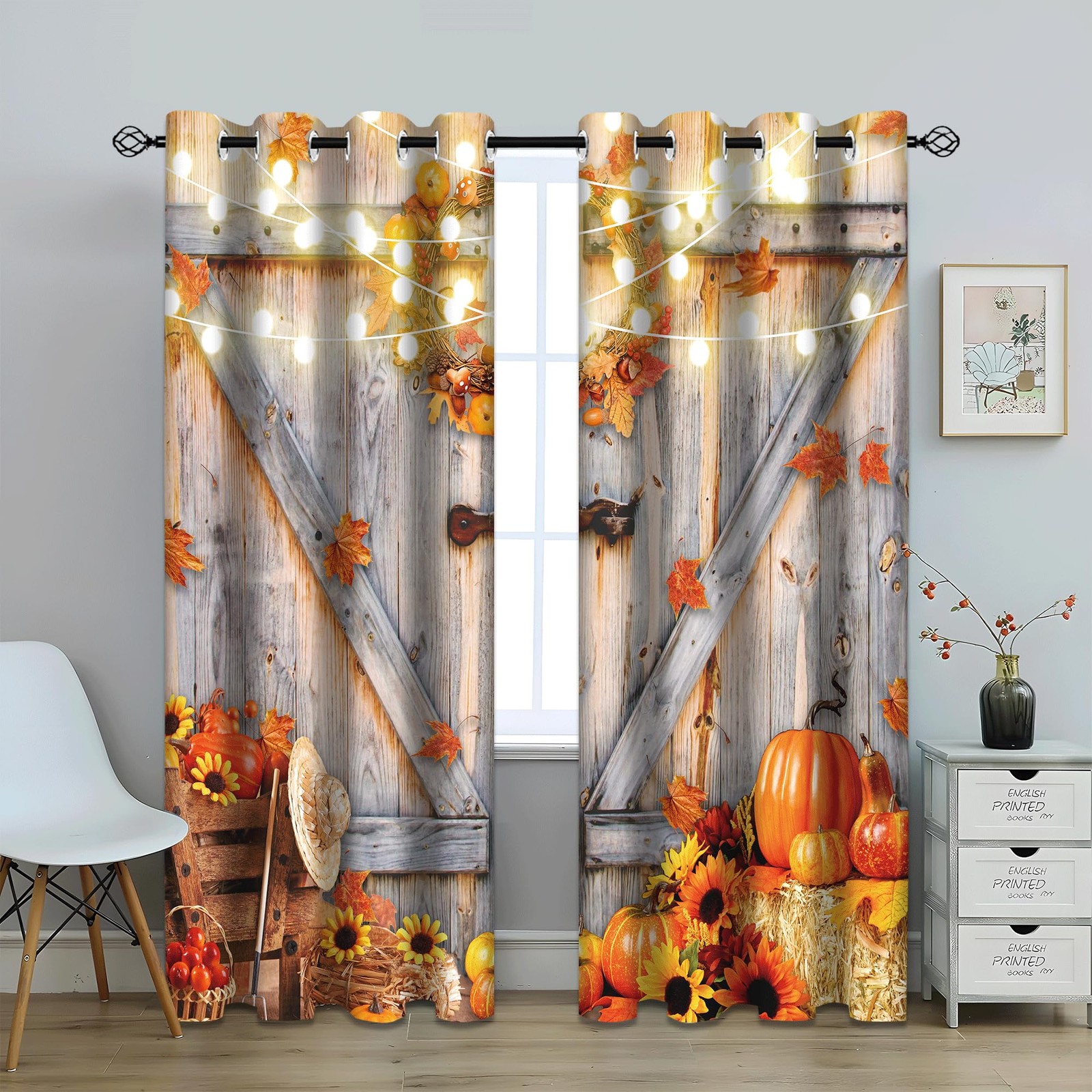 Fall Pumpkins Leaves Blackout Curtain, Rustic Wooden Barn Door Window Curtain…