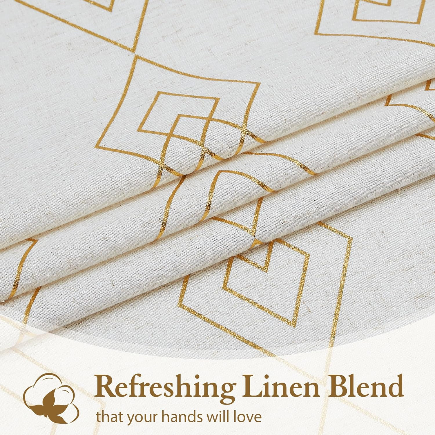 Linen Boho Curtains for Bedroom,63 Inch Length Curtains Gold Foil Metallic Strip