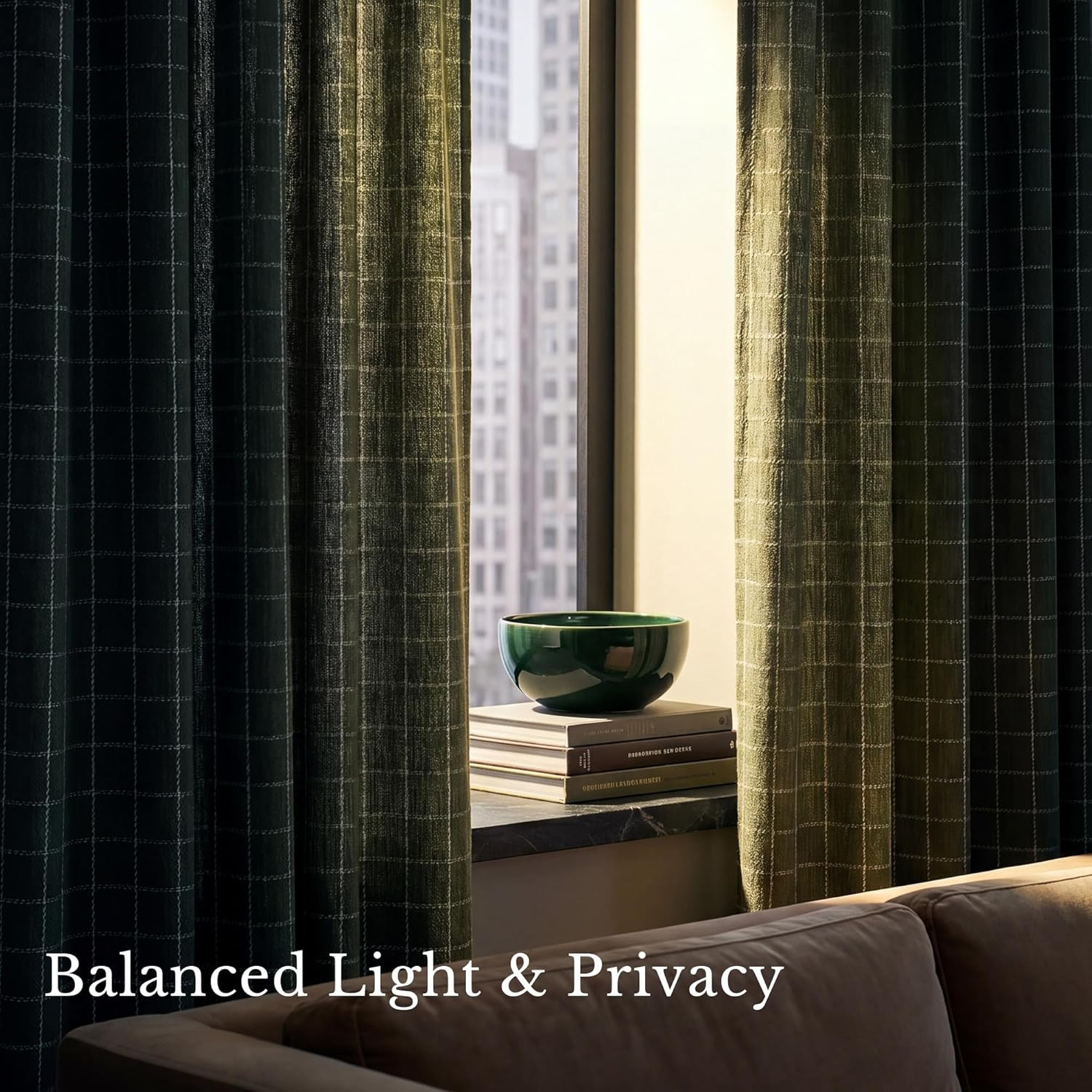 Olive Green Linen Plaid Bedroom Curtains, Rod Pocket & Back Tab Geometric Jacqua