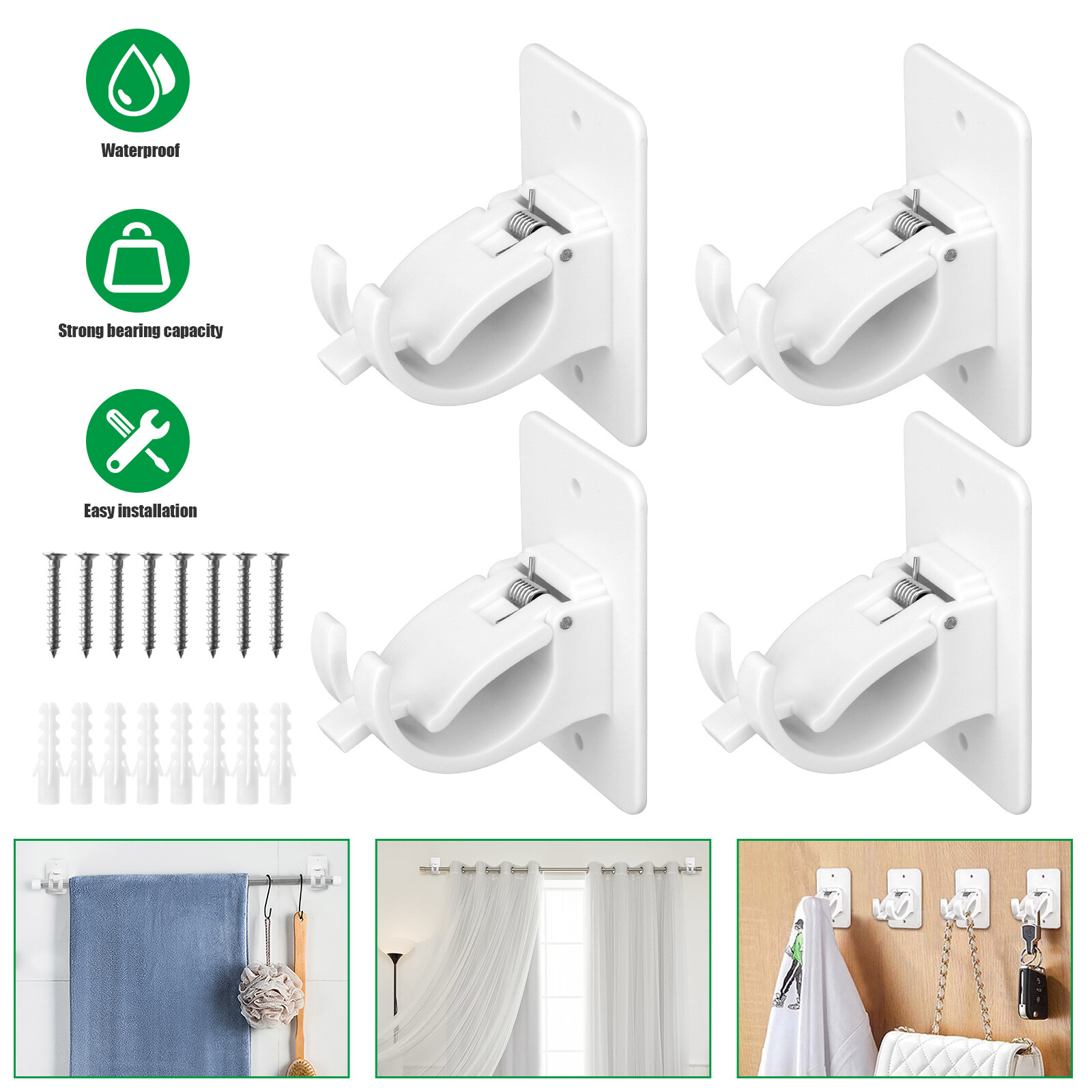 4/8 Pcs Nail Free Single Hang Curtain Rod Holder Bracket Hook Window Frame Decor