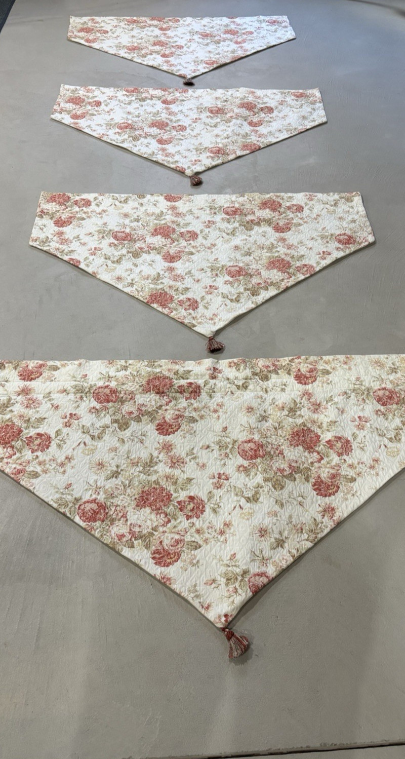 4 floral Ascot Valance window Treatment Red Cream Lined Tassel Handmade 41″x25″