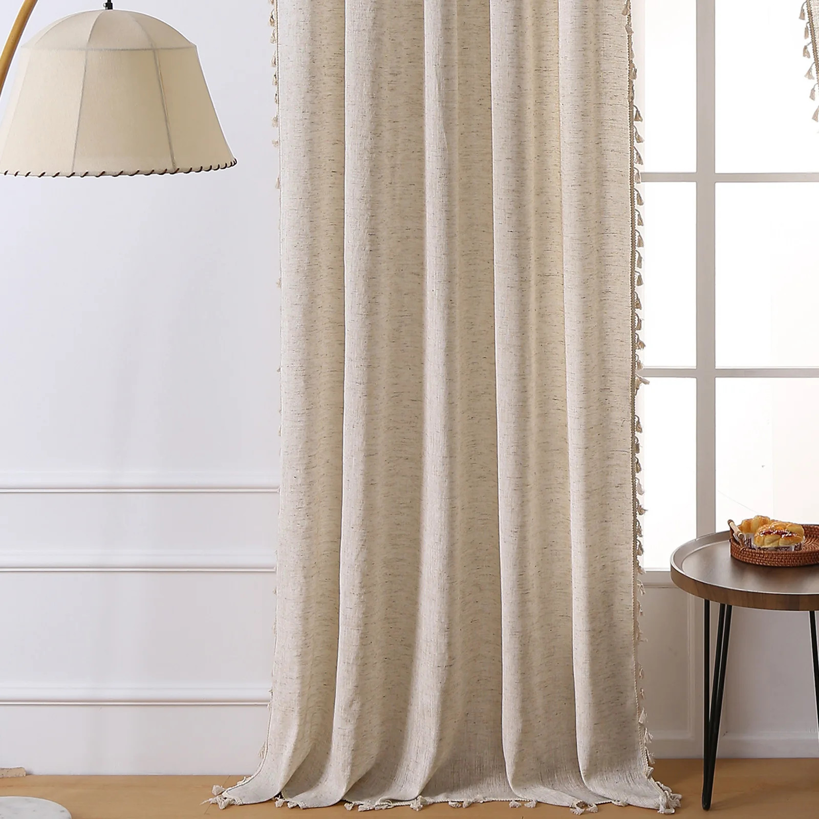 Linen Semi Blackout Curtain 1 Panel Handmade Cotton Burlap Stitching Lace Tassel