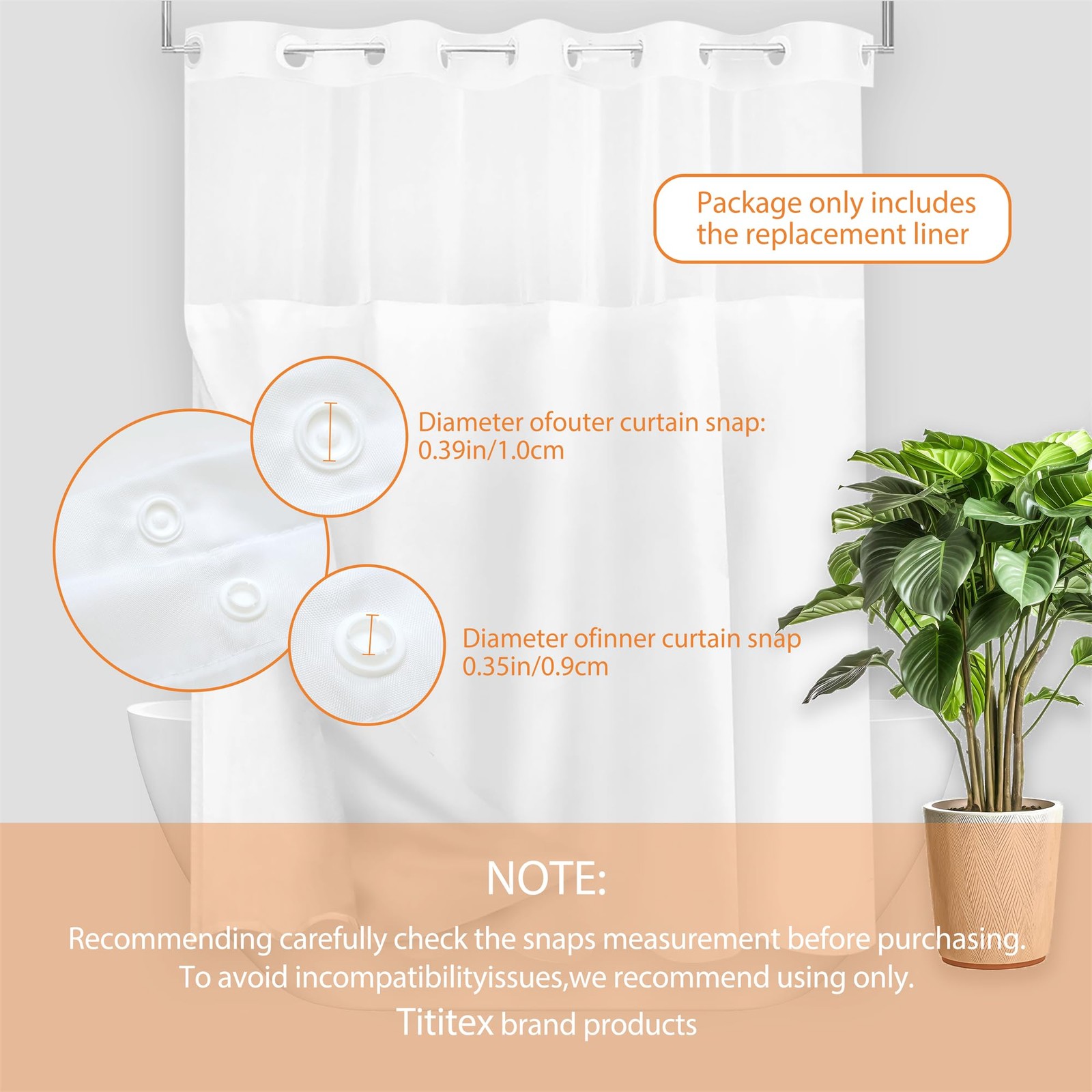 Tititex Fabric Snap-in Replacement Shower 68″W x 57″L (Pack of 1), White