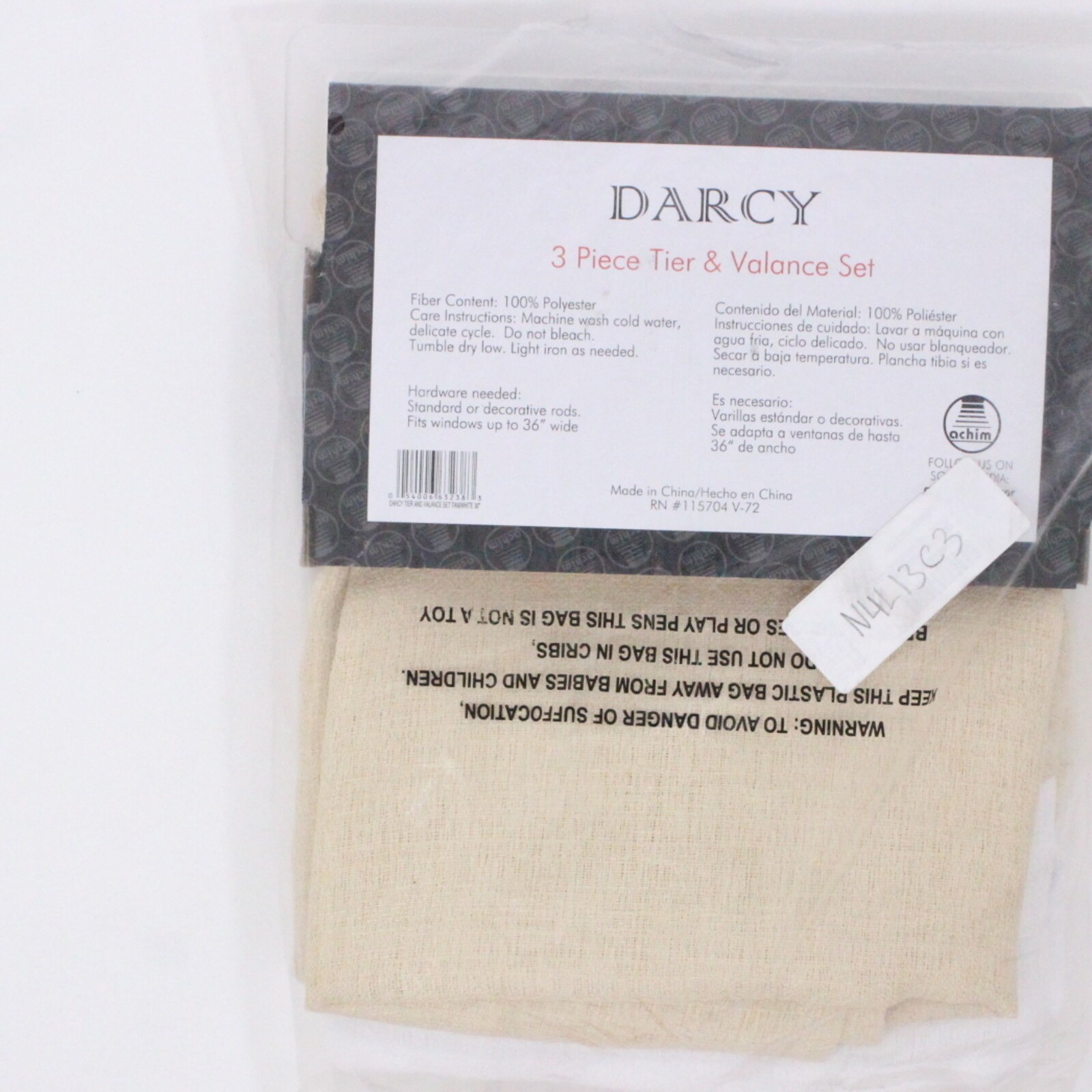Achim Darcy 3-Pc Kitchen Curtain Tier & Valance Set Tan 58″ x 36″ Rod Pocket