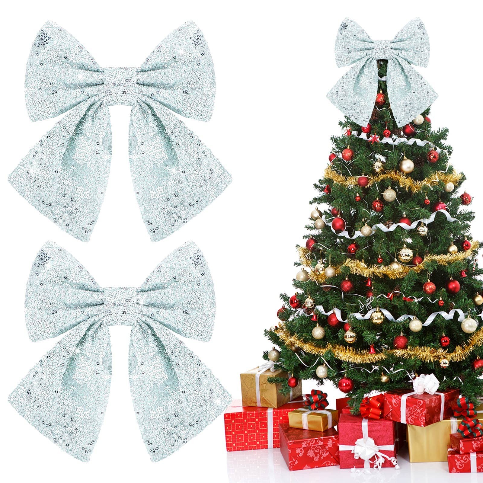2 Pieces Christmas Bow 10 x 8 Inches Glitter Bows for Wreath Shiny Bow with B…