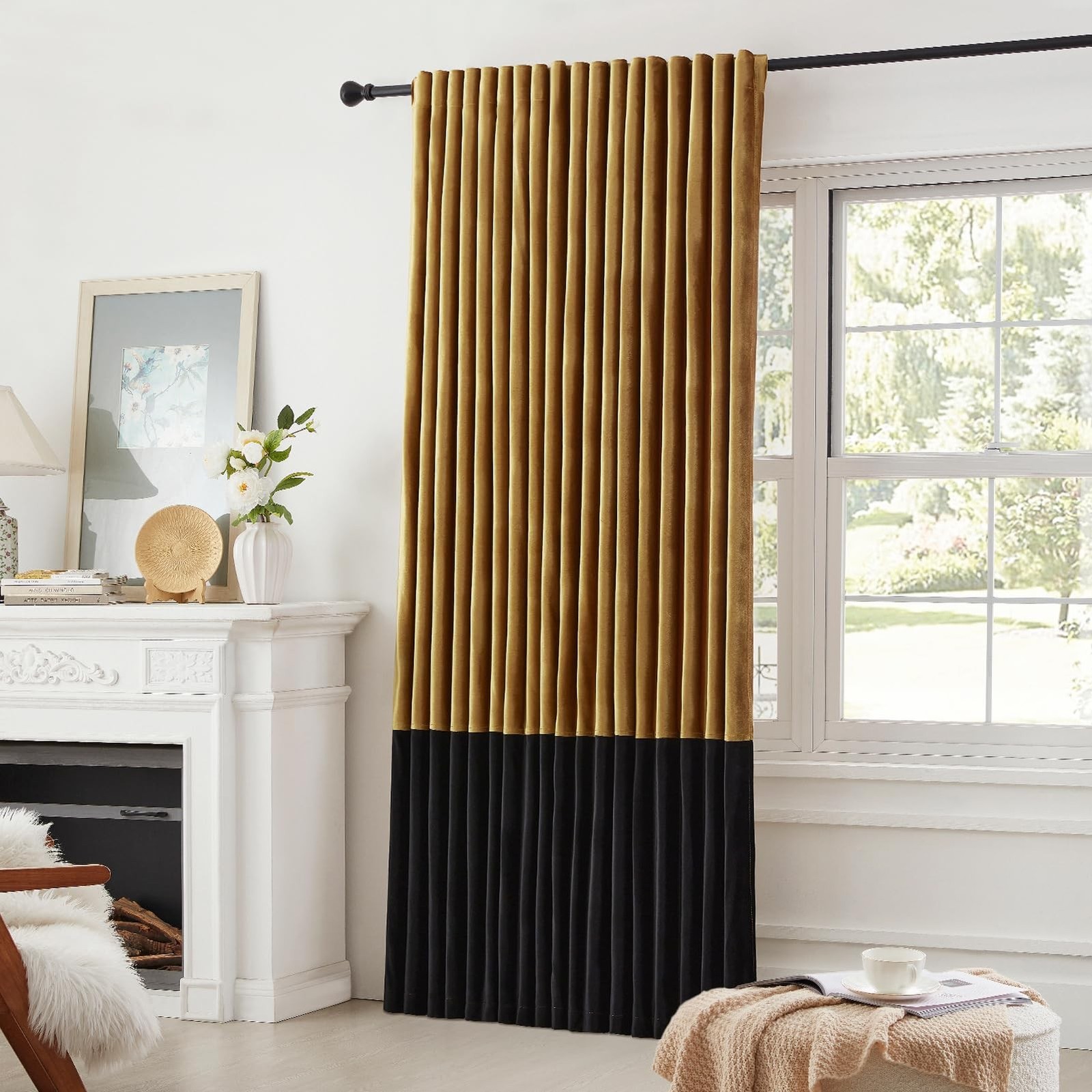 BULBUL Luxury Gold Black Velvet Blackout Curtains 96 Inches For Living Room