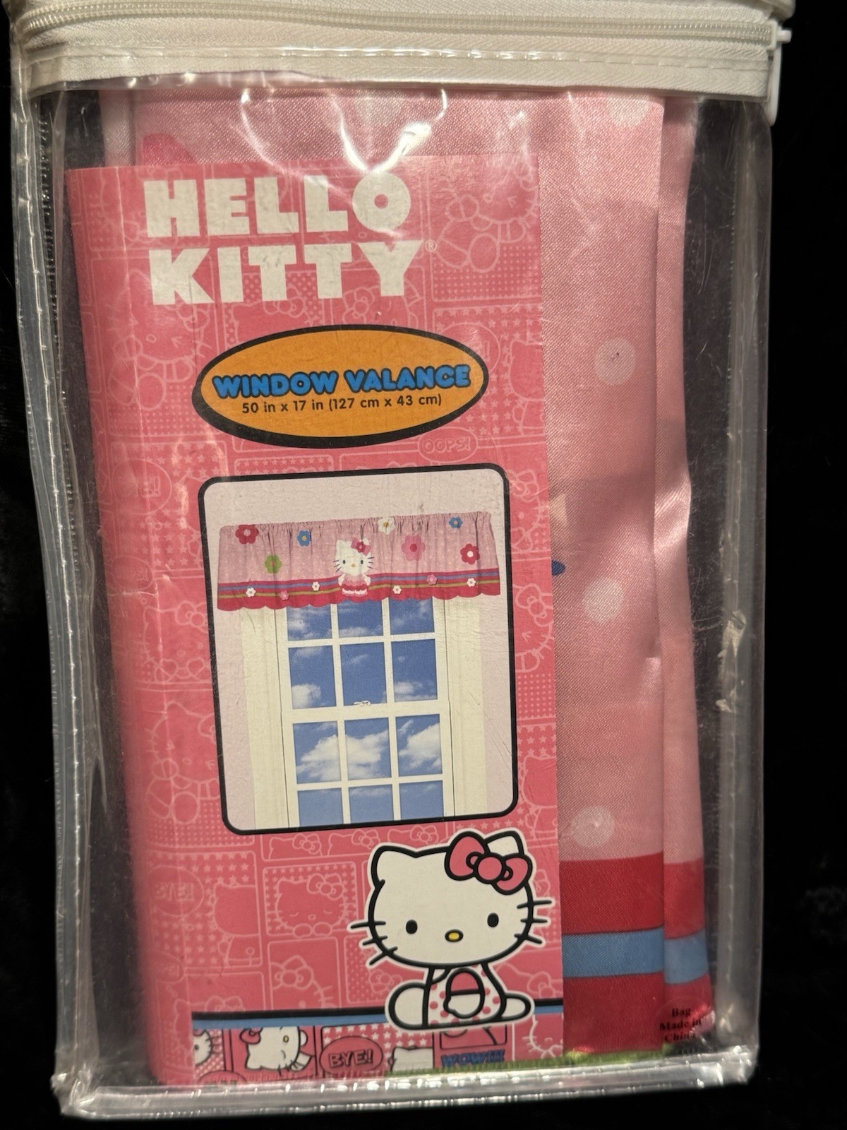 Hello Kitty Curtain Valence Pink Polka Dot Flower Satin 50 in x 17 in