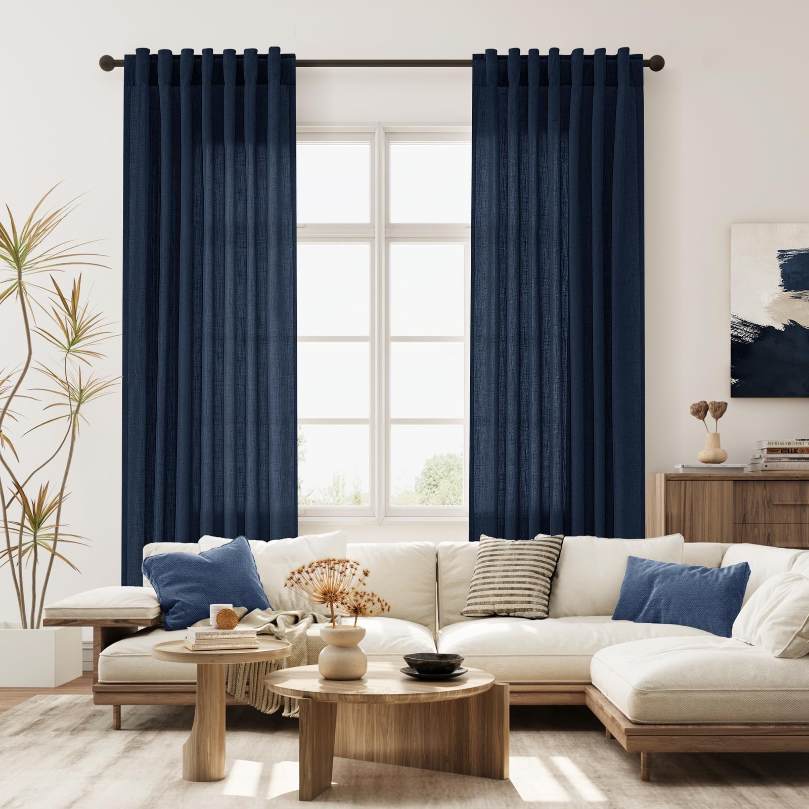 Navy Blue Back Tab Rod Pocket Linen Curtains 96 Inches Long 2 Panels for Livi…