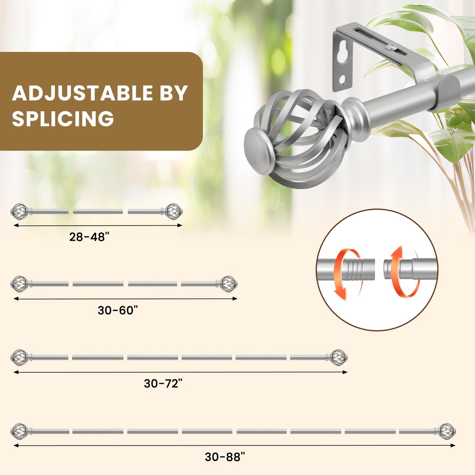Luvenia Silver Decorative Curtain Rods, 28 to 48 Inch 28-48″(1 Pack),