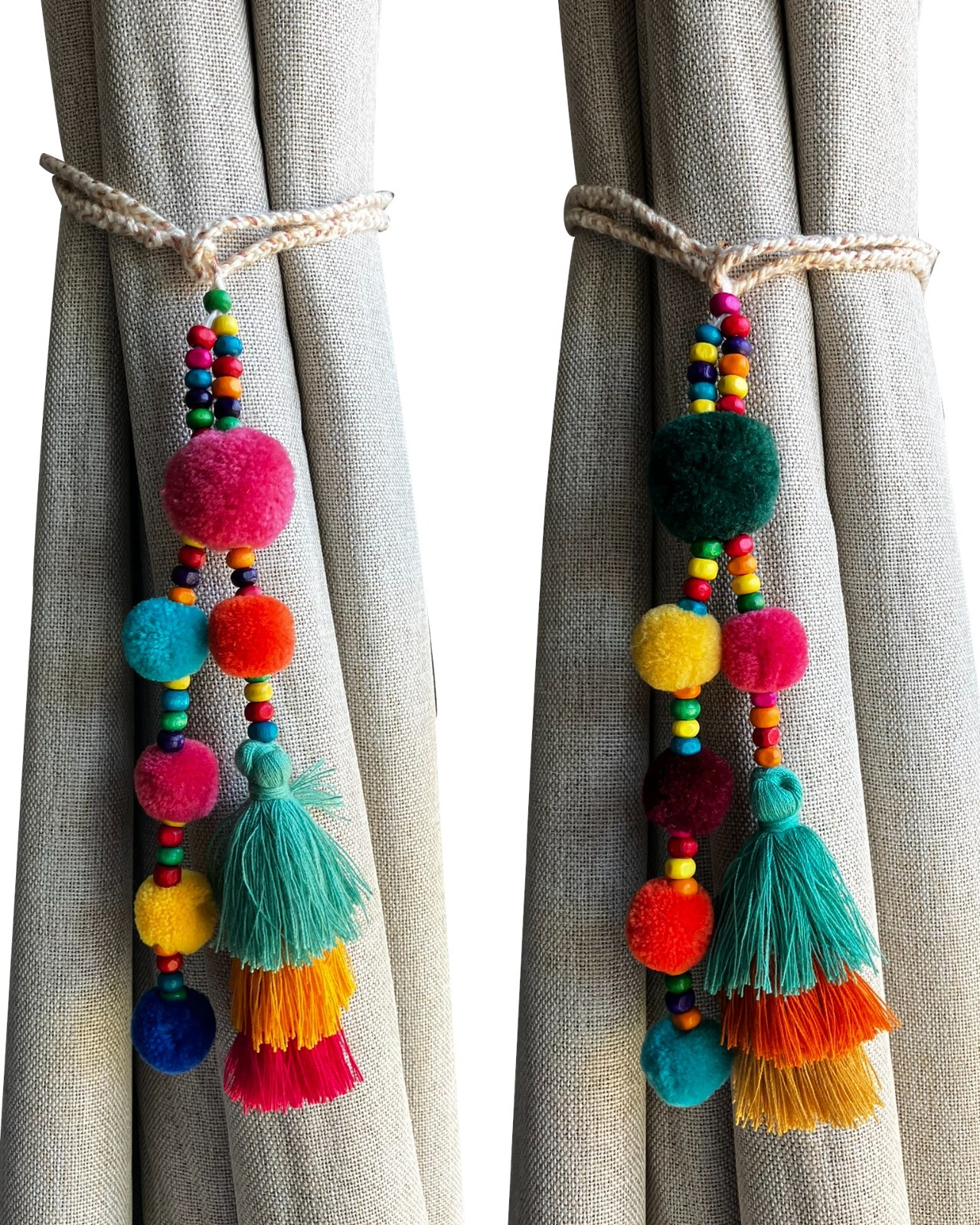 1 Pair of Boho Decor Colorful Beaded Curtain Pompom Tiebacks, Bohemian Living Ro
