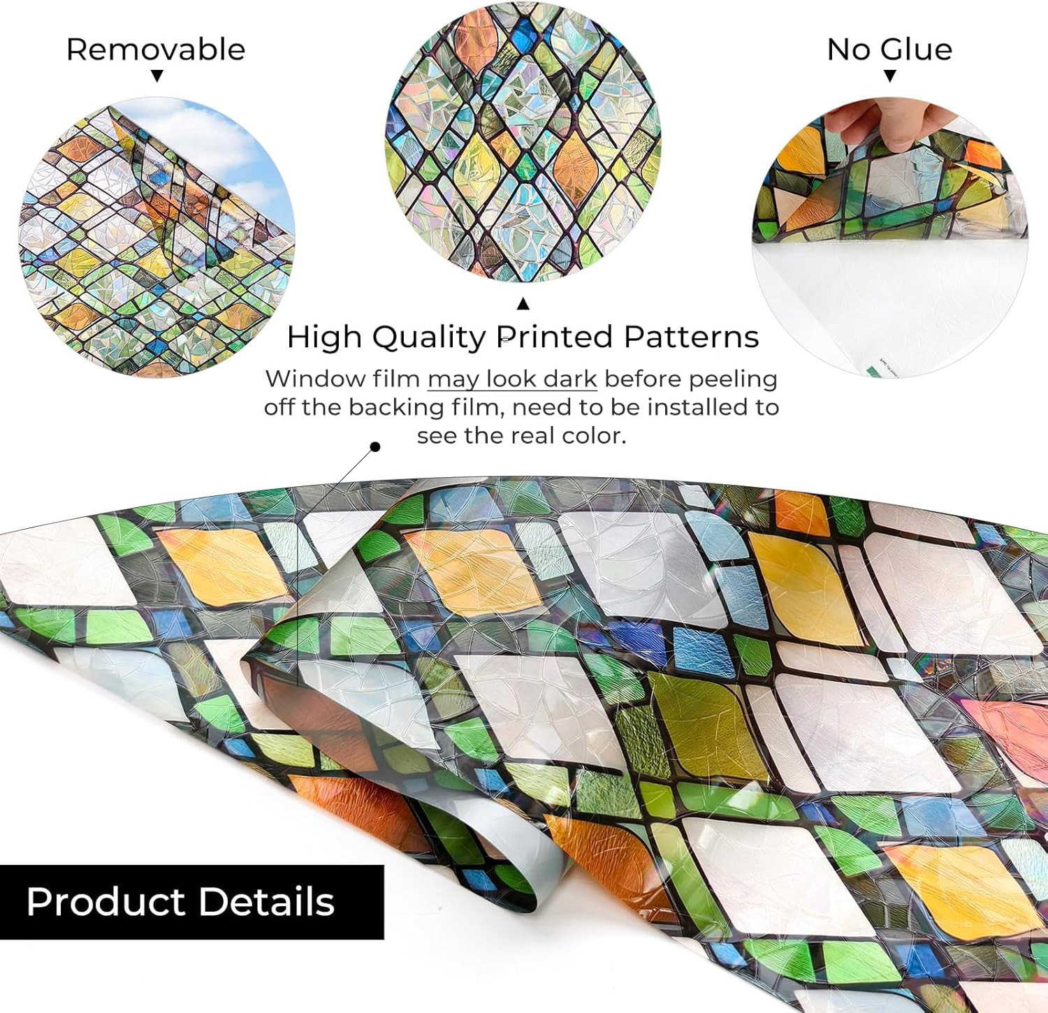 Window Privacy Film, Stained Glass Decorative Static Cling, Removable Laser Sun