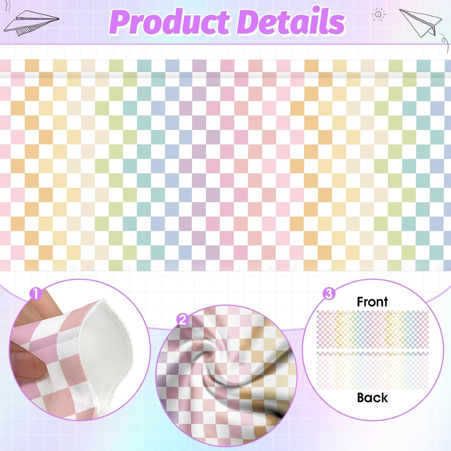 4PCS Pastel Checkered Classroom Curtains Rainbow Checkered Kitchen Valances for