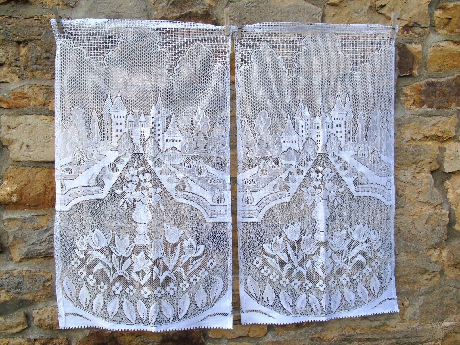 French pair white curtains lace chateau floral motif 19” x 34” of each