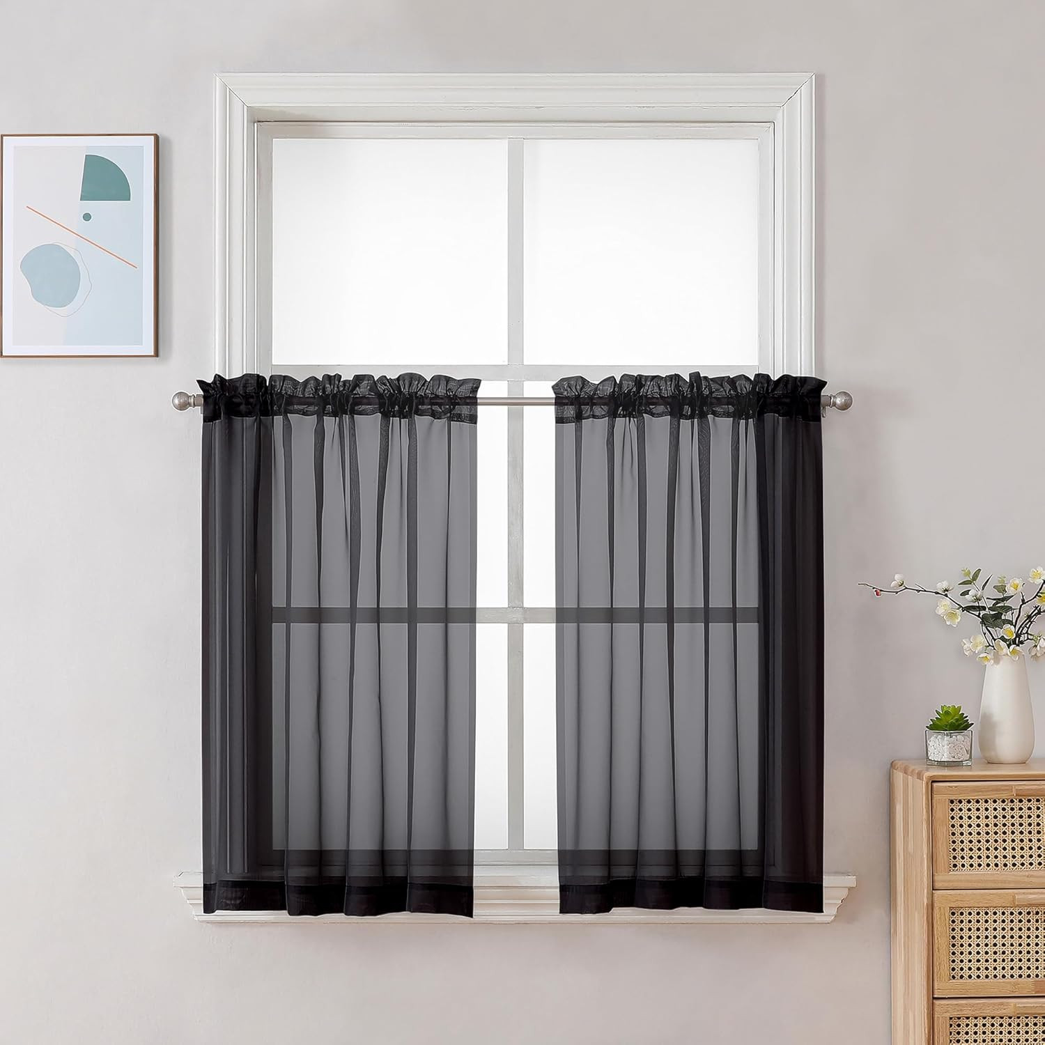 Black Sheer Tier Curtains 24 Inch Length, Small Window Curtains Treatment for Ba