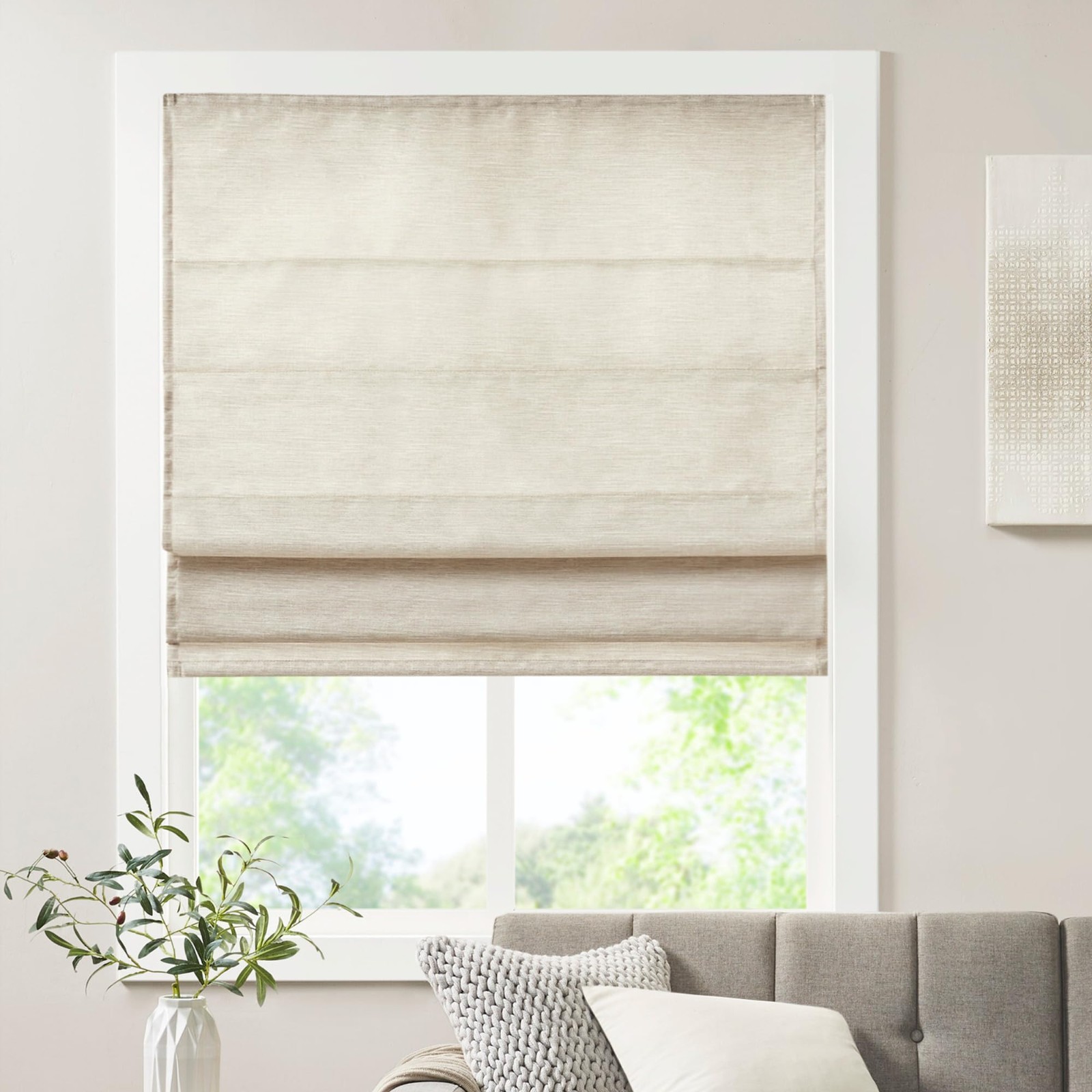 Madison Park Galen Cordless Roman Shade, 31″W x 64″L, Faux Silk Ivory Curtain