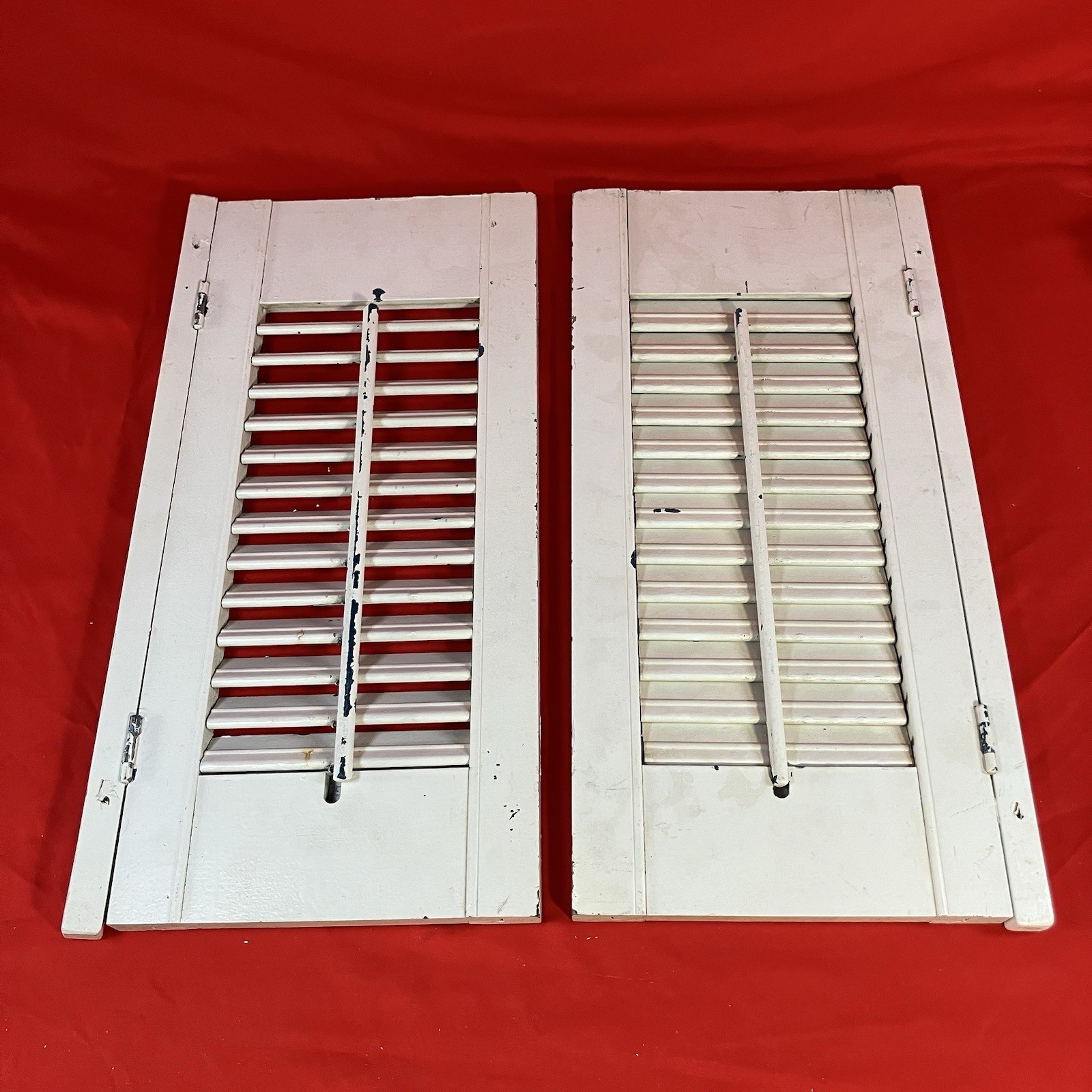 Vintage Wood Louvered Panel Window Shutters / Painted White Rustic / Flaws No 5
