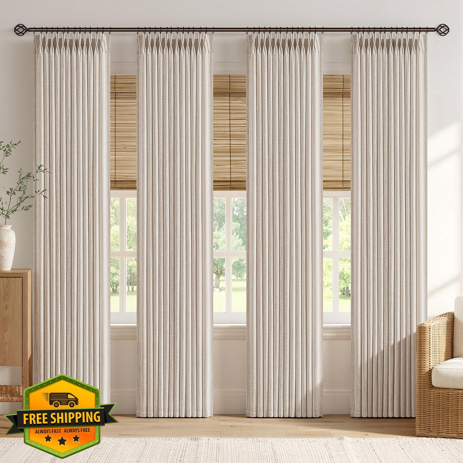 MIULEE 4 Pinch Pleat Linen Curtains Cream White 40″W x 102″L (4pk)