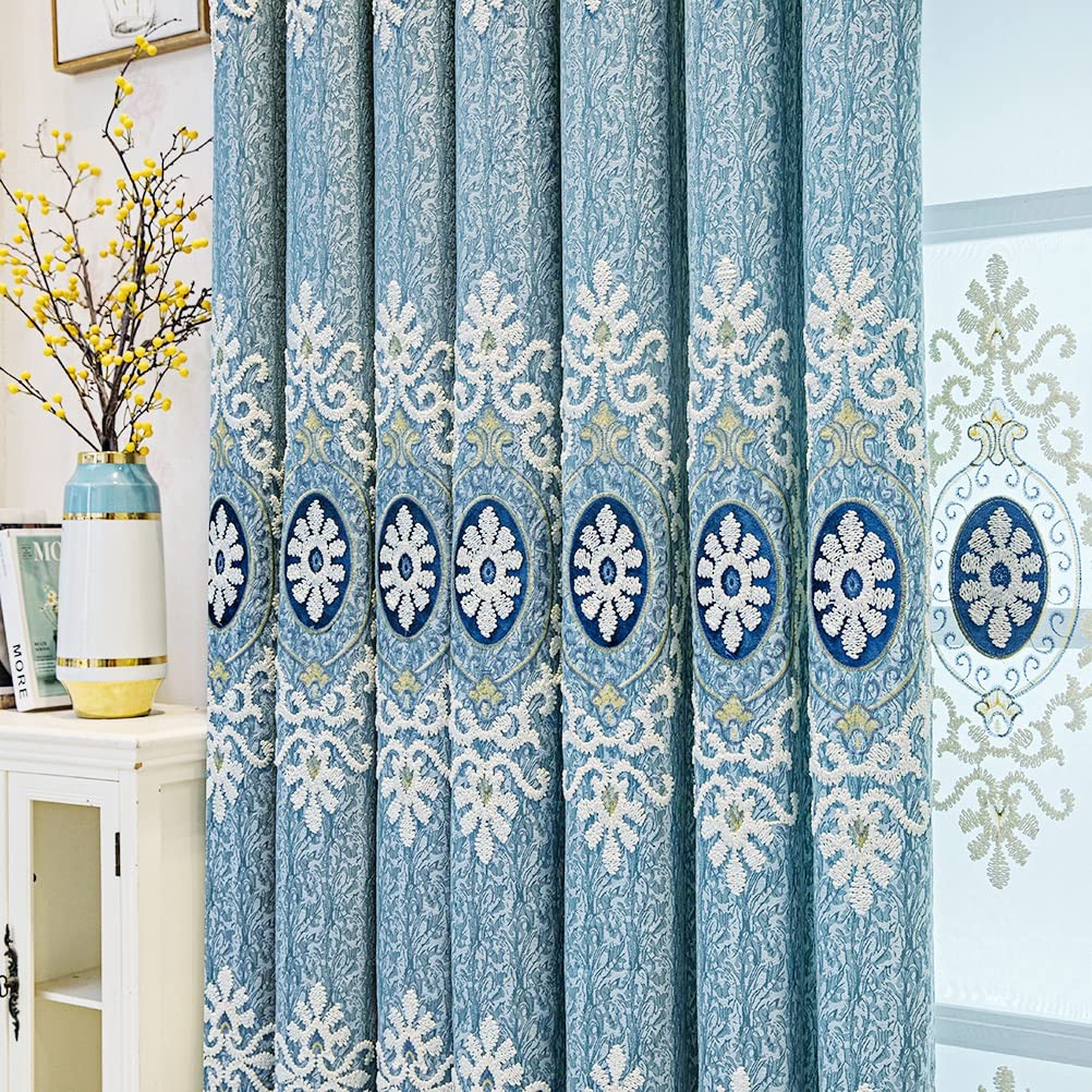 Jacquard Embroidered Curtains for Bedroom Luxury Blue Curtains for Living Roo…